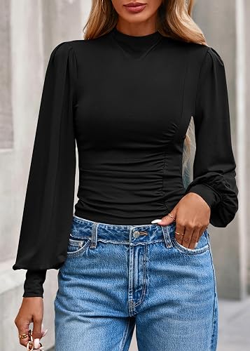 Trendevo Women's Ruched Mock Neck Lantern Sleeve Slim Fit Top