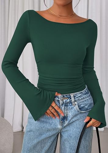 Trendevo Women's Ribbed Off-Shoulder Bell Sleeve Slim Fit Knit Top