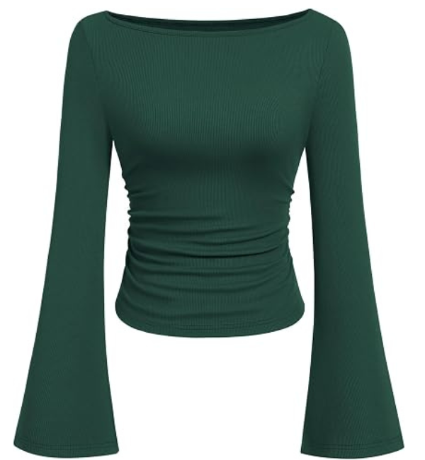 Trendevo Women's Ribbed Off-Shoulder Bell Sleeve Slim Fit Knit Top
