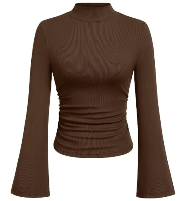 Trendevo Women's Ribbed Mock Neck Bell Sleeve Slim Fit Knit Top