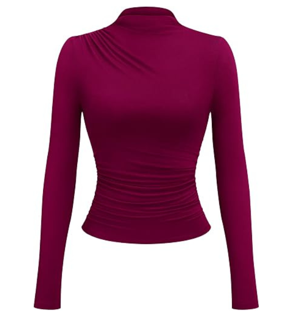 Trendevo Women's Ruched Mock Neck Slim Fit Long Sleeve Top