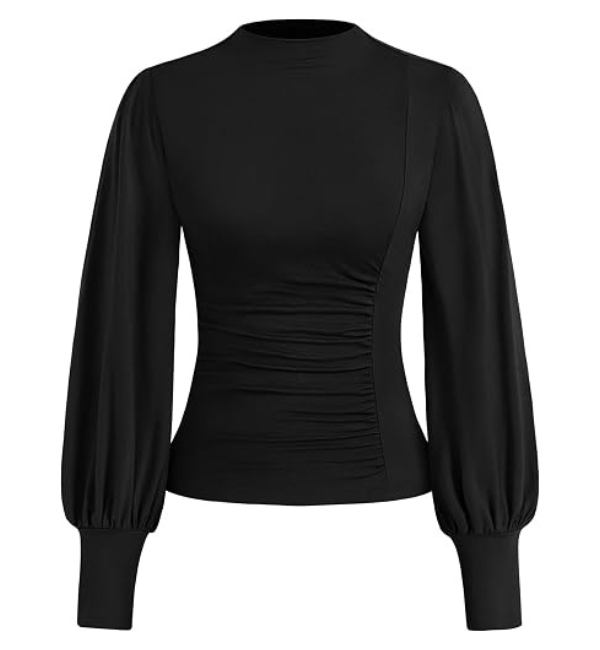 Trendevo Women's Ruched Mock Neck Lantern Sleeve Slim Fit Top